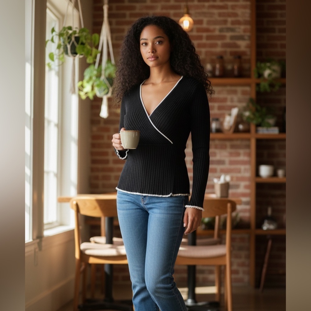 White House Black Market Ribbed V-Neck Top
